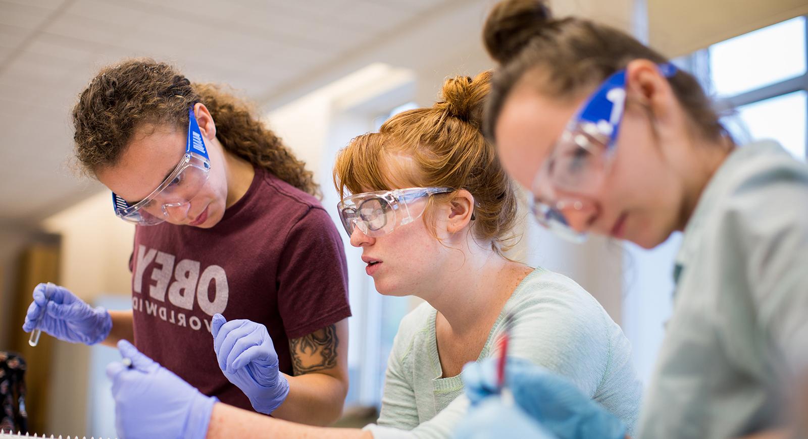 图为三名波胆网站生物化学专业的女学生戴着蓝色手套和护目镜, 拿着玻璃试管在实验室里工作. 