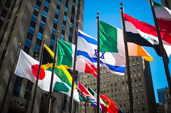 图为联合国大楼前飘扬的各国国旗. 